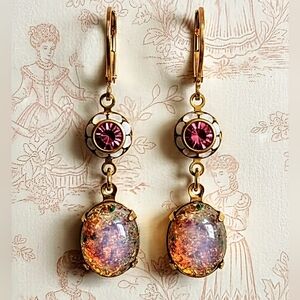 Pink Mystic Fire Opal & Swarovski Flower In Drop Down Earrings